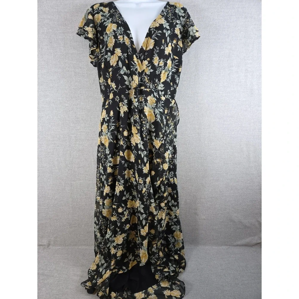 Abercrombie & Fitch M Black Floral High-Low Flare Maxi Dress Boho Whimsigoth Y2K